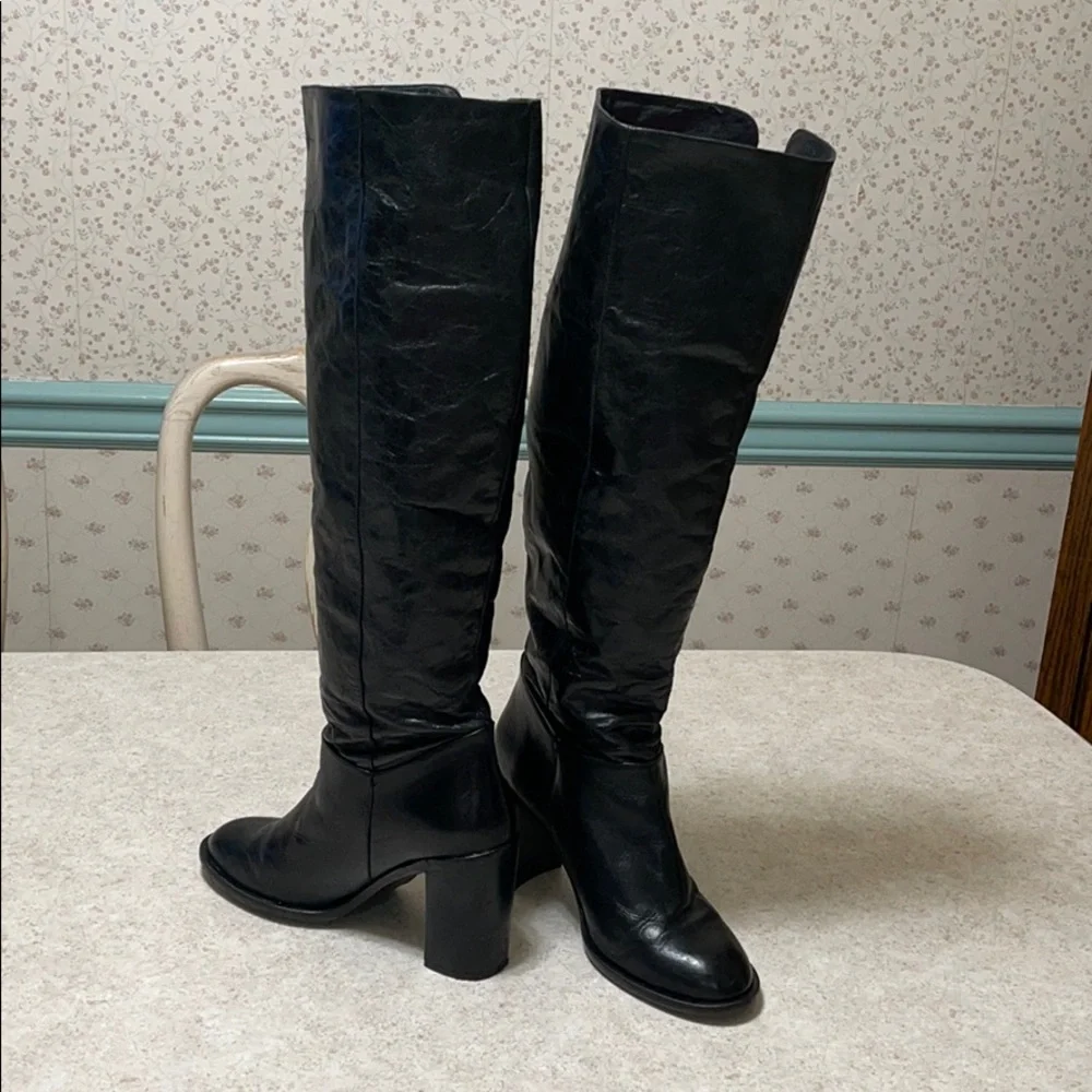 TOP SHOP OVER THE KNEE BLACK LEATHER HEELED BOOTS